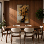 Sophisticated Tree of Life wall art featuring a radiant tree with shimmering golden leaves and flowing branches against a soft neutral background. Abstract spiritual artwork with rich gold accents, elegant textures, and symbolic themes of growth, abundance, wisdom, and renewal for modern home decor.