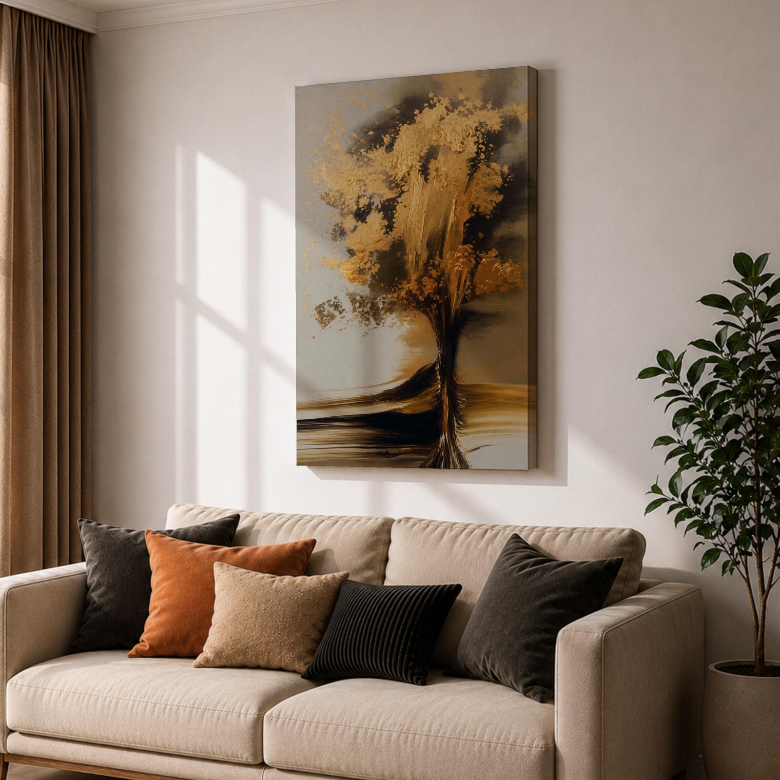 Sophisticated Tree of Life wall art featuring a radiant tree with shimmering golden leaves and flowing branches against a soft neutral background. Abstract spiritual artwork with rich gold accents, elegant textures, and symbolic themes of growth, abundance, wisdom, and renewal for modern home decor.