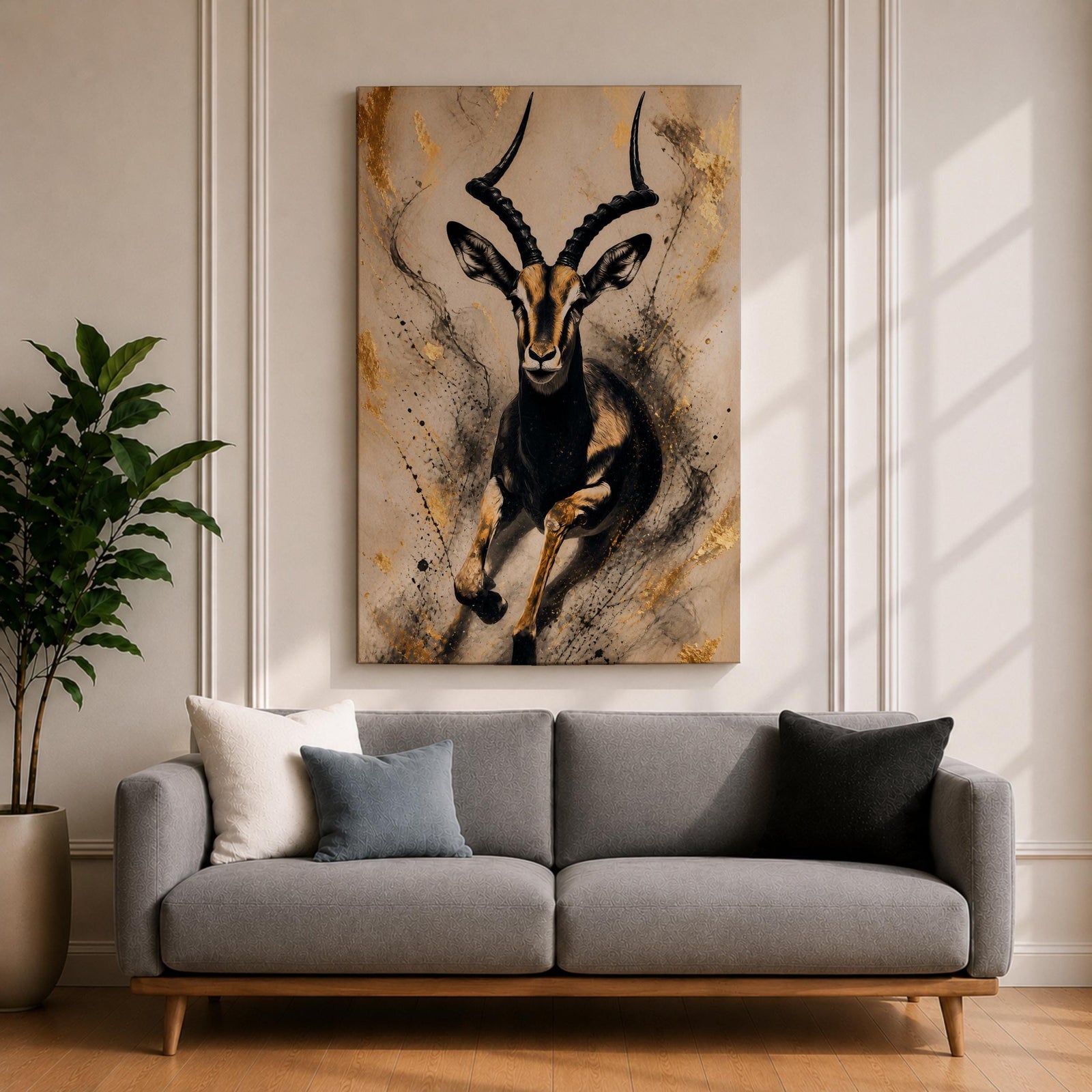 Striking gazelle wall art featuring a graceful antelope in motion with elegant curved horns against a contemporary abstract background. Wildlife artwork with dramatic black and gold tones, expressive splatter details, and luxurious gold accents, perfect for modern, safari, and nature-inspired interiors.