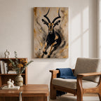 Striking gazelle wall art featuring a graceful antelope in motion with elegant curved horns against a contemporary abstract background. Wildlife artwork with dramatic black and gold tones, expressive splatter details, and luxurious gold accents, perfect for modern, safari, and nature-inspired interiors.