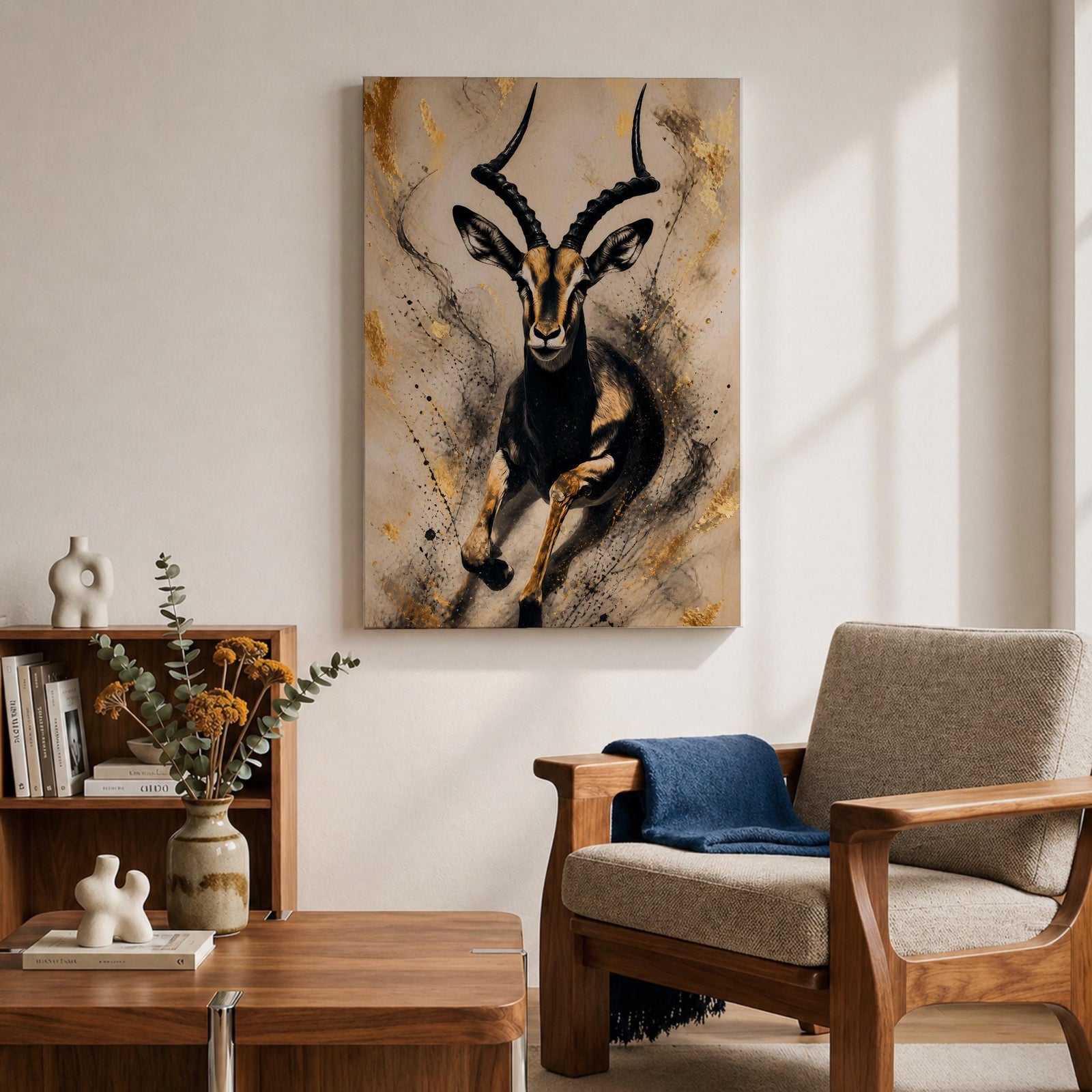 Striking gazelle wall art featuring a graceful antelope in motion with elegant curved horns against a contemporary abstract background. Wildlife artwork with dramatic black and gold tones, expressive splatter details, and luxurious gold accents, perfect for modern, safari, and nature-inspired interiors.