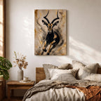 Striking gazelle wall art featuring a graceful antelope in motion with elegant curved horns against a contemporary abstract background. Wildlife artwork with dramatic black and gold tones, expressive splatter details, and luxurious gold accents, perfect for modern, safari, and nature-inspired interiors.