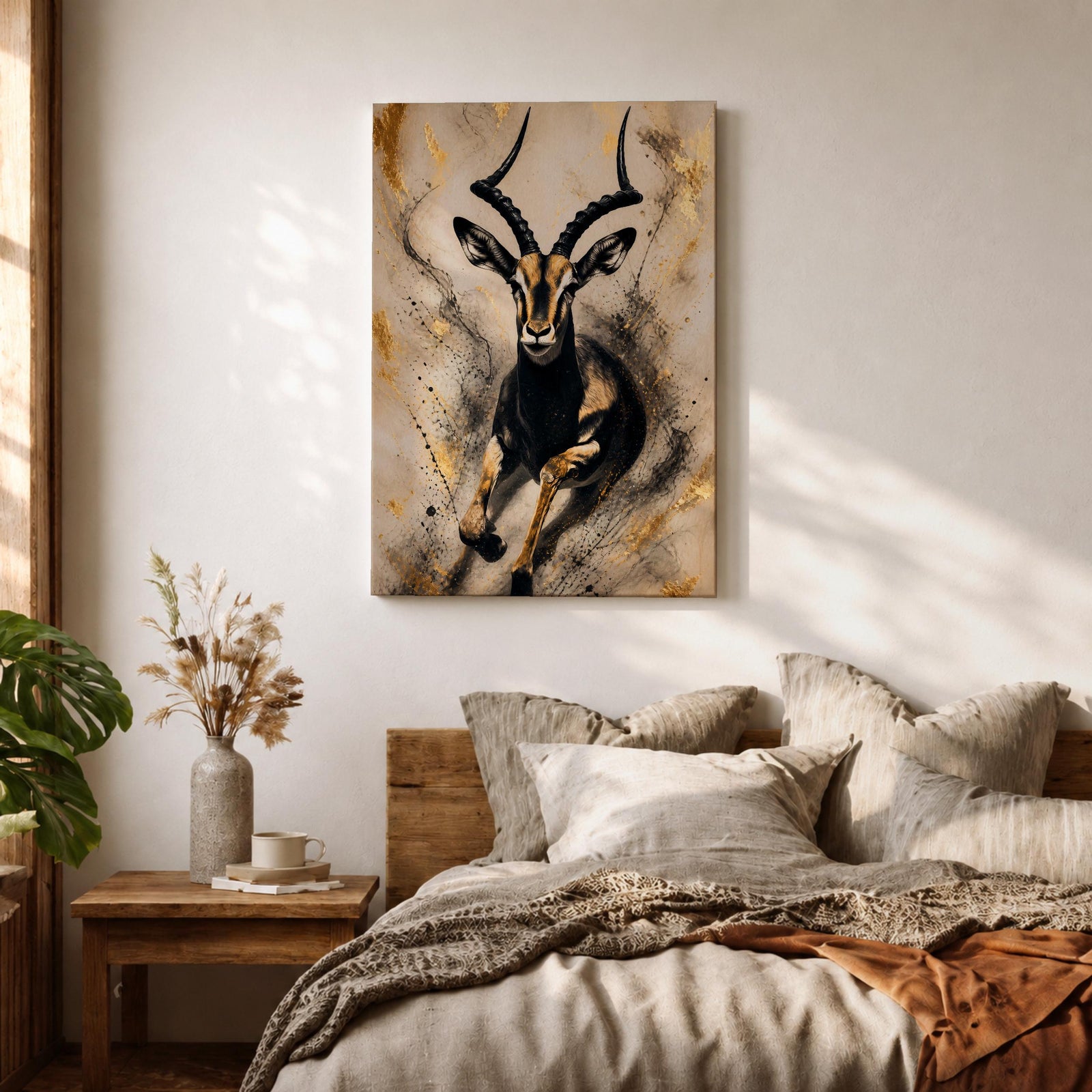 Striking gazelle wall art featuring a graceful antelope in motion with elegant curved horns against a contemporary abstract background. Wildlife artwork with dramatic black and gold tones, expressive splatter details, and luxurious gold accents, perfect for modern, safari, and nature-inspired interiors.