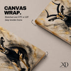 Striking gazelle wall art featuring a graceful antelope in motion with elegant curved horns against a contemporary abstract background. Wildlife artwork with dramatic black and gold tones, expressive splatter details, and luxurious gold accents, perfect for modern, safari, and nature-inspired interiors.