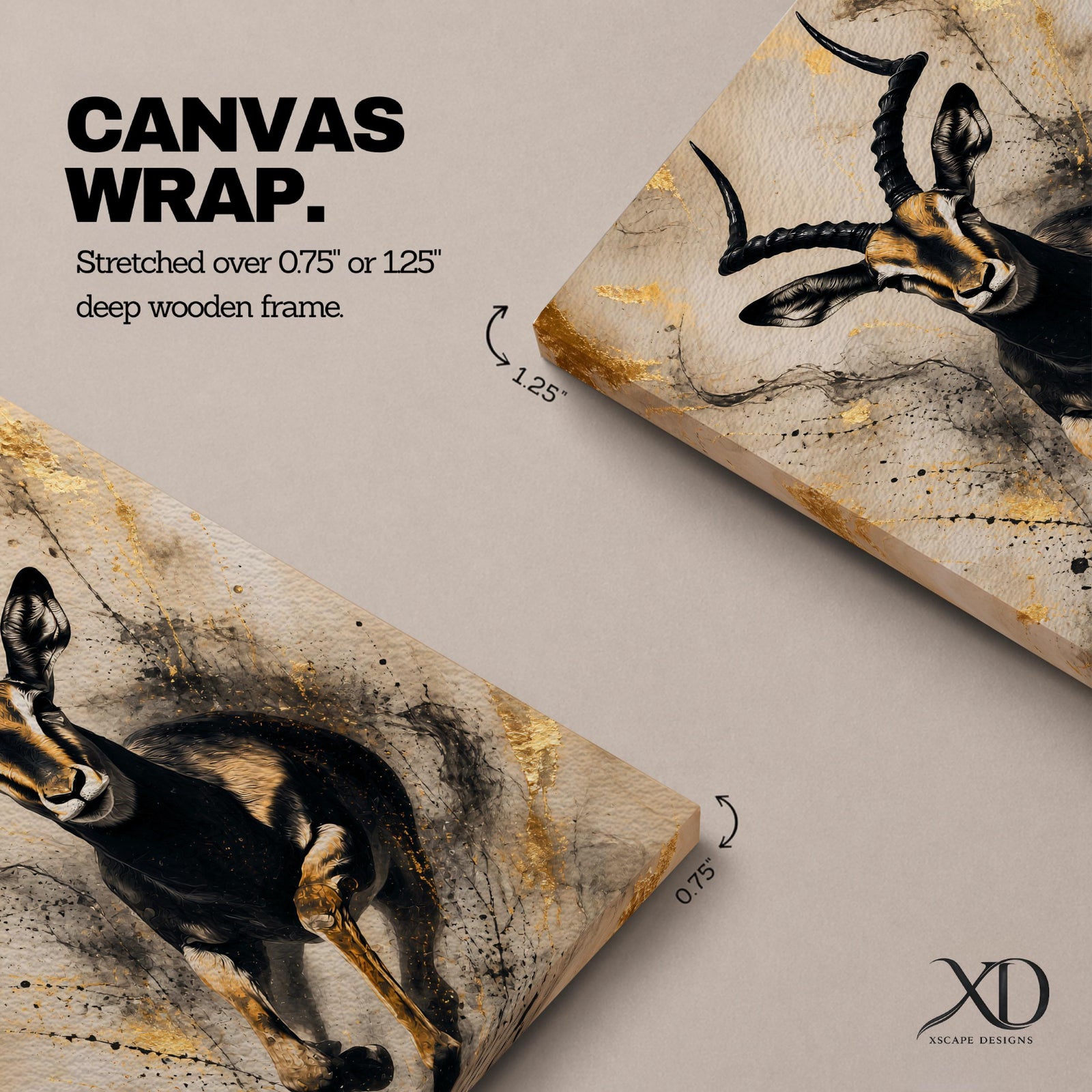 Striking gazelle wall art featuring a graceful antelope in motion with elegant curved horns against a contemporary abstract background. Wildlife artwork with dramatic black and gold tones, expressive splatter details, and luxurious gold accents, perfect for modern, safari, and nature-inspired interiors.