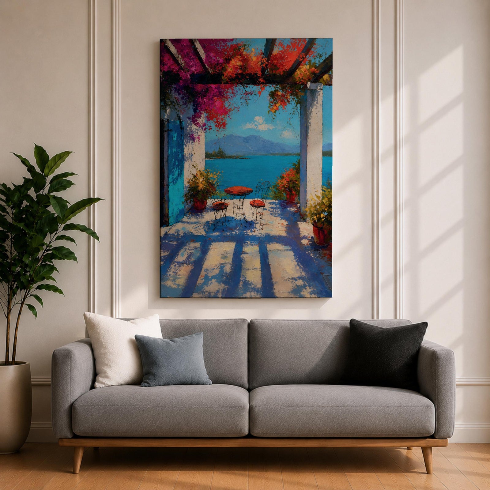 Vibrant Mediterranean patio wall art featuring a sunlit terrace with colorful bougainvillea, a café table and chairs, and a breathtaking blue lake view framed by white columns. Impressionist coastal artwork with rich colors, relaxing vacation ambiance, and European seaside charm.