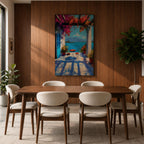 Vibrant Mediterranean patio wall art featuring a sunlit terrace with colorful bougainvillea, a café table and chairs, and a breathtaking blue lake view framed by white columns. Impressionist coastal artwork with rich colors, relaxing vacation ambiance, and European seaside charm.
