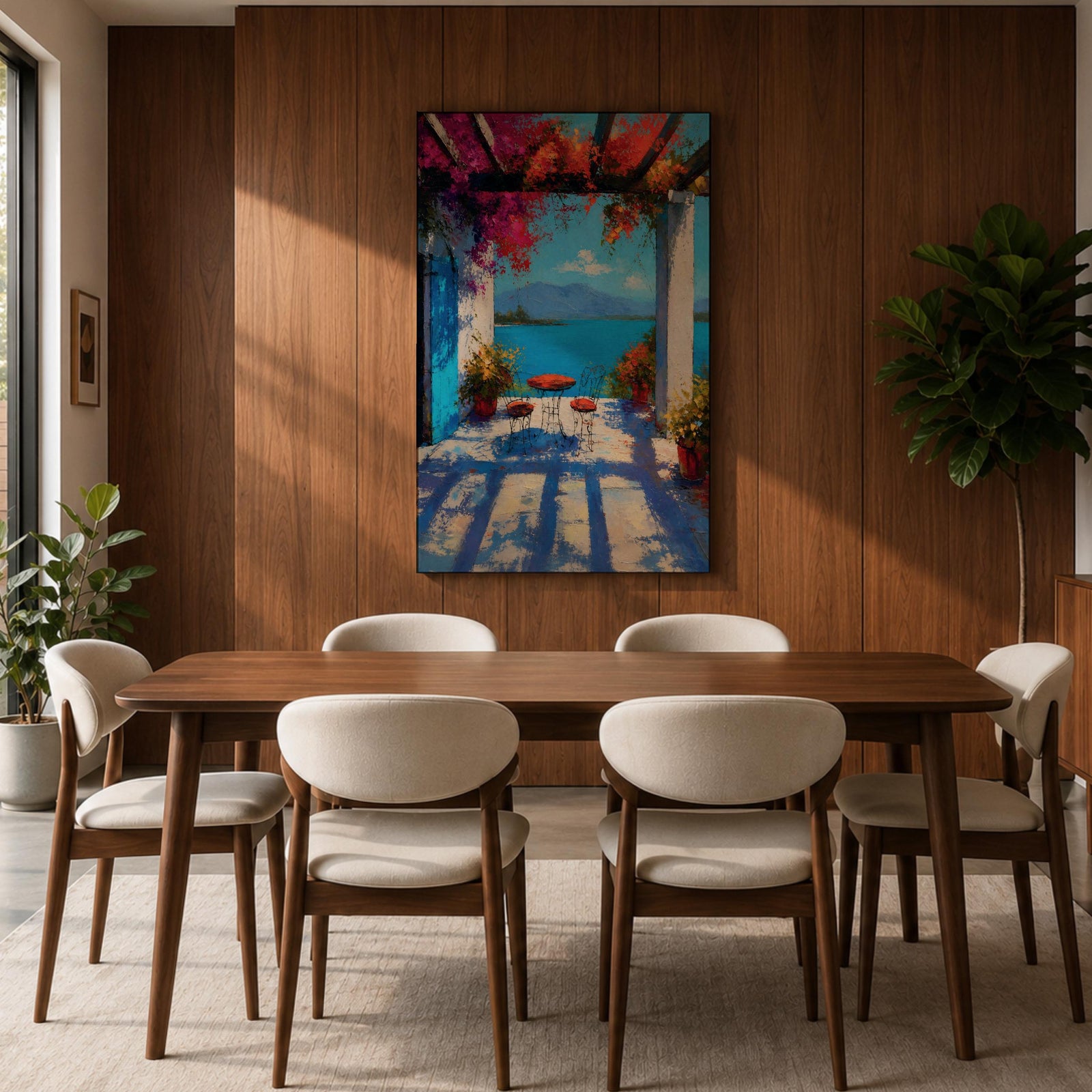 Vibrant Mediterranean patio wall art featuring a sunlit terrace with colorful bougainvillea, a café table and chairs, and a breathtaking blue lake view framed by white columns. Impressionist coastal artwork with rich colors, relaxing vacation ambiance, and European seaside charm.