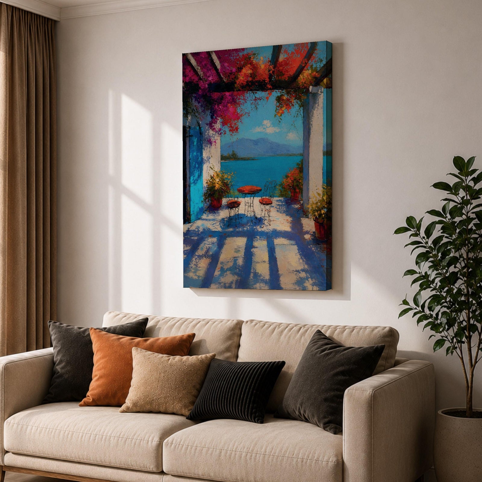Vibrant Mediterranean patio wall art featuring a sunlit terrace with colorful bougainvillea, a café table and chairs, and a breathtaking blue lake view framed by white columns. Impressionist coastal artwork with rich colors, relaxing vacation ambiance, and European seaside charm.