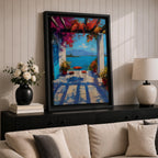 Vibrant Mediterranean patio wall art featuring a sunlit terrace with colorful bougainvillea, a café table and chairs, and a breathtaking blue lake view framed by white columns. Impressionist coastal artwork with rich colors, relaxing vacation ambiance, and European seaside charm.