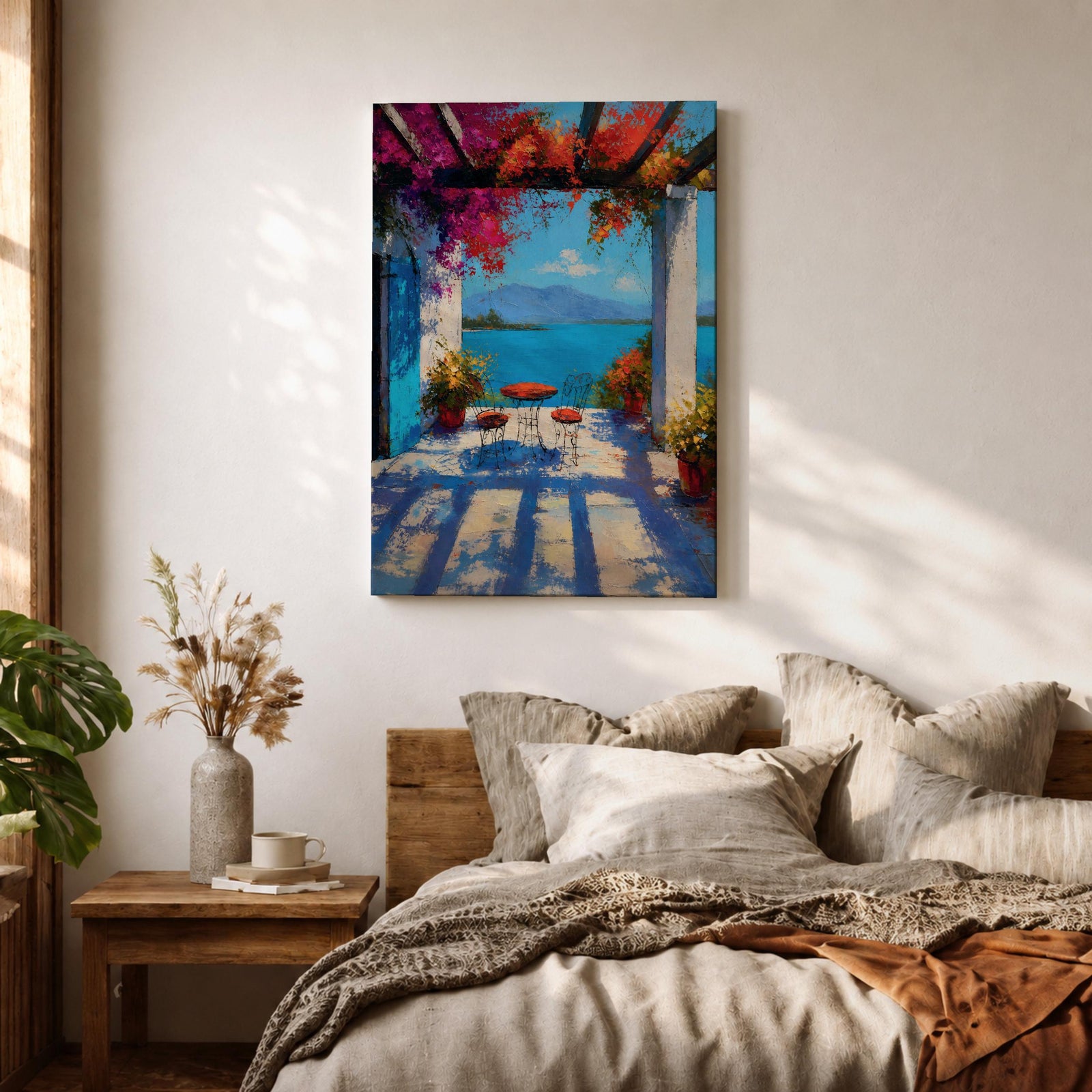 Vibrant Mediterranean patio wall art featuring a sunlit terrace with colorful bougainvillea, a café table and chairs, and a breathtaking blue lake view framed by white columns. Impressionist coastal artwork with rich colors, relaxing vacation ambiance, and European seaside charm.