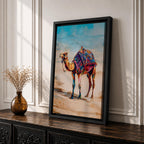 Bring vibrant desert charm into your home with this Camel Wall Art, featuring a beautifully adorned camel draped in colorful bohemian textiles against a serene desert landscape. This eye-catching canvas print blends rich jewel tones with contemporary painterly style, making it a striking focal point for living rooms, bedrooms, or boho-inspired spaces.