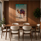 Bring vibrant desert charm into your home with this Camel Wall Art, featuring a beautifully adorned camel draped in colorful bohemian textiles against a serene desert landscape. This eye-catching canvas print blends rich jewel tones with contemporary painterly style, making it a striking focal point for living rooms, bedrooms, or boho-inspired spaces.
