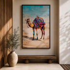 Bring vibrant desert charm into your home with this Camel Wall Art, featuring a beautifully adorned camel draped in colorful bohemian textiles against a serene desert landscape. This eye-catching canvas print blends rich jewel tones with contemporary painterly style, making it a striking focal point for living rooms, bedrooms, or boho-inspired spaces.