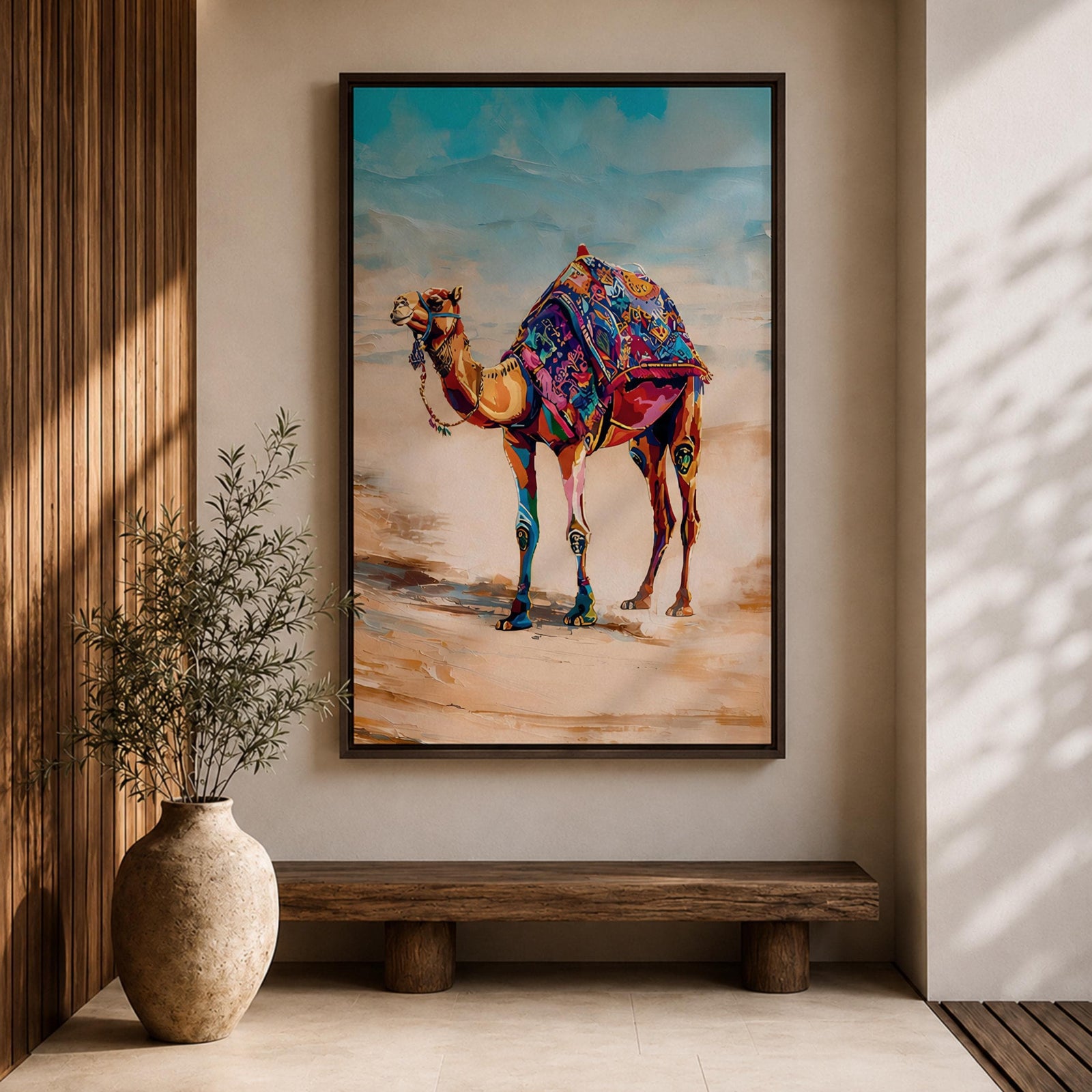 Bring vibrant desert charm into your home with this Camel Wall Art, featuring a beautifully adorned camel draped in colorful bohemian textiles against a serene desert landscape. This eye-catching canvas print blends rich jewel tones with contemporary painterly style, making it a striking focal point for living rooms, bedrooms, or boho-inspired spaces.