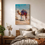 Bring vibrant desert charm into your home with this Camel Wall Art, featuring a beautifully adorned camel draped in colorful bohemian textiles against a serene desert landscape. This eye-catching canvas print blends rich jewel tones with contemporary painterly style, making it a striking focal point for living rooms, bedrooms, or boho-inspired spaces.