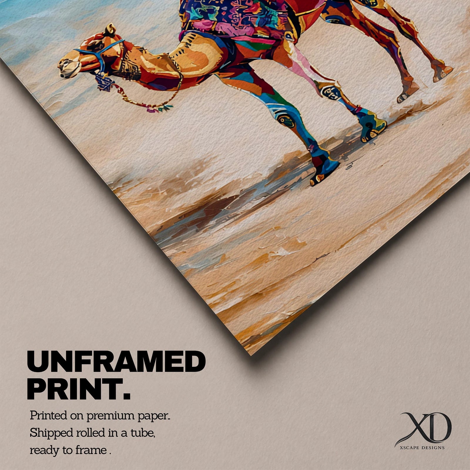 Bring vibrant desert charm into your home with this Camel Wall Art, featuring a beautifully adorned camel draped in colorful bohemian textiles against a serene desert landscape. This eye-catching canvas print blends rich jewel tones with contemporary painterly style, making it a striking focal point for living rooms, bedrooms, or boho-inspired spaces.