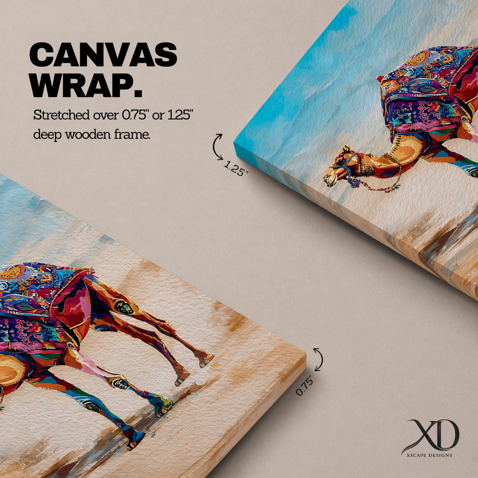 Bring vibrant desert charm into your home with this Camel Wall Art, featuring a beautifully adorned camel draped in colorful bohemian textiles against a serene desert landscape. This eye-catching canvas print blends rich jewel tones with contemporary painterly style, making it a striking focal point for living rooms, bedrooms, or boho-inspired spaces.