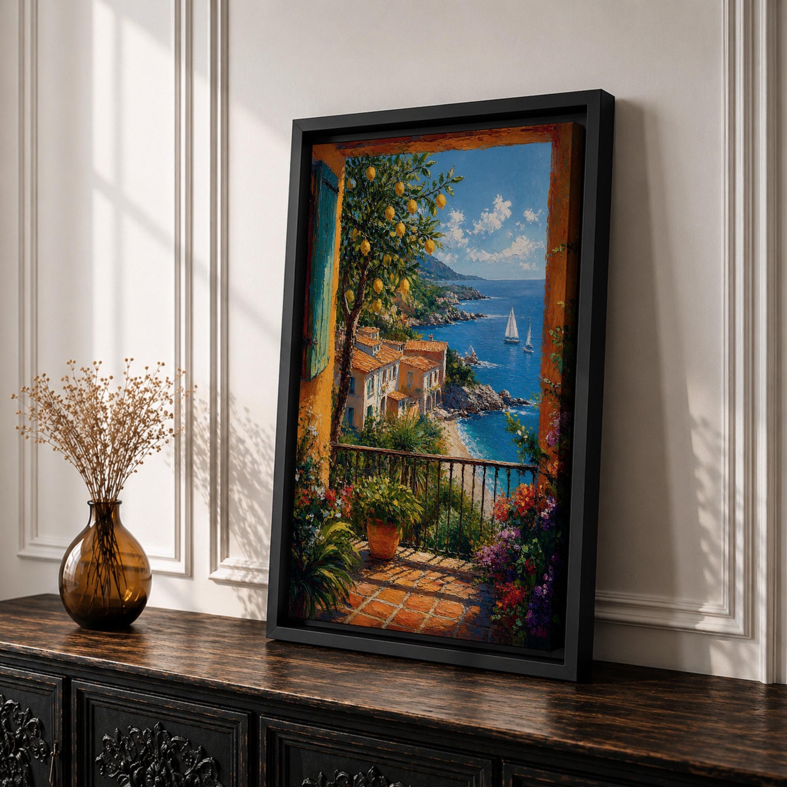 Colorful coastal wall art featuring a lemon tree beside a Mediterranean balcony overlooking turquoise waters, sailboats, and a charming seaside village. Rich impressionist brushwork and vibrant florals create a warm coastal atmosphere.