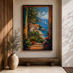Colorful coastal wall art featuring a lemon tree beside a Mediterranean balcony overlooking turquoise waters, sailboats, and a charming seaside village. Rich impressionist brushwork and vibrant florals create a warm coastal atmosphere.