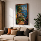 Colorful coastal wall art featuring a lemon tree beside a Mediterranean balcony overlooking turquoise waters, sailboats, and a charming seaside village. Rich impressionist brushwork and vibrant florals create a warm coastal atmosphere.
