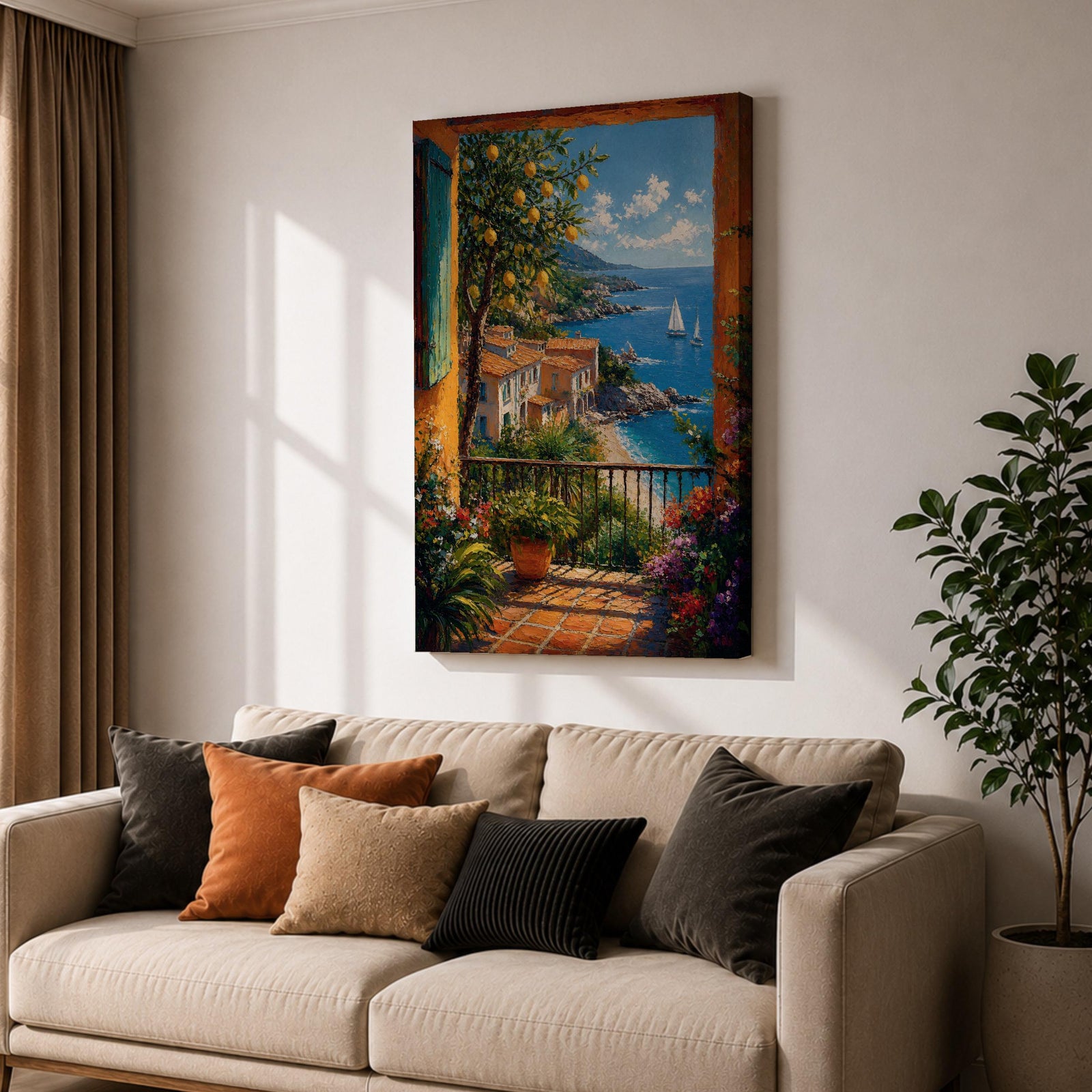 Colorful coastal wall art featuring a lemon tree beside a Mediterranean balcony overlooking turquoise waters, sailboats, and a charming seaside village. Rich impressionist brushwork and vibrant florals create a warm coastal atmosphere.