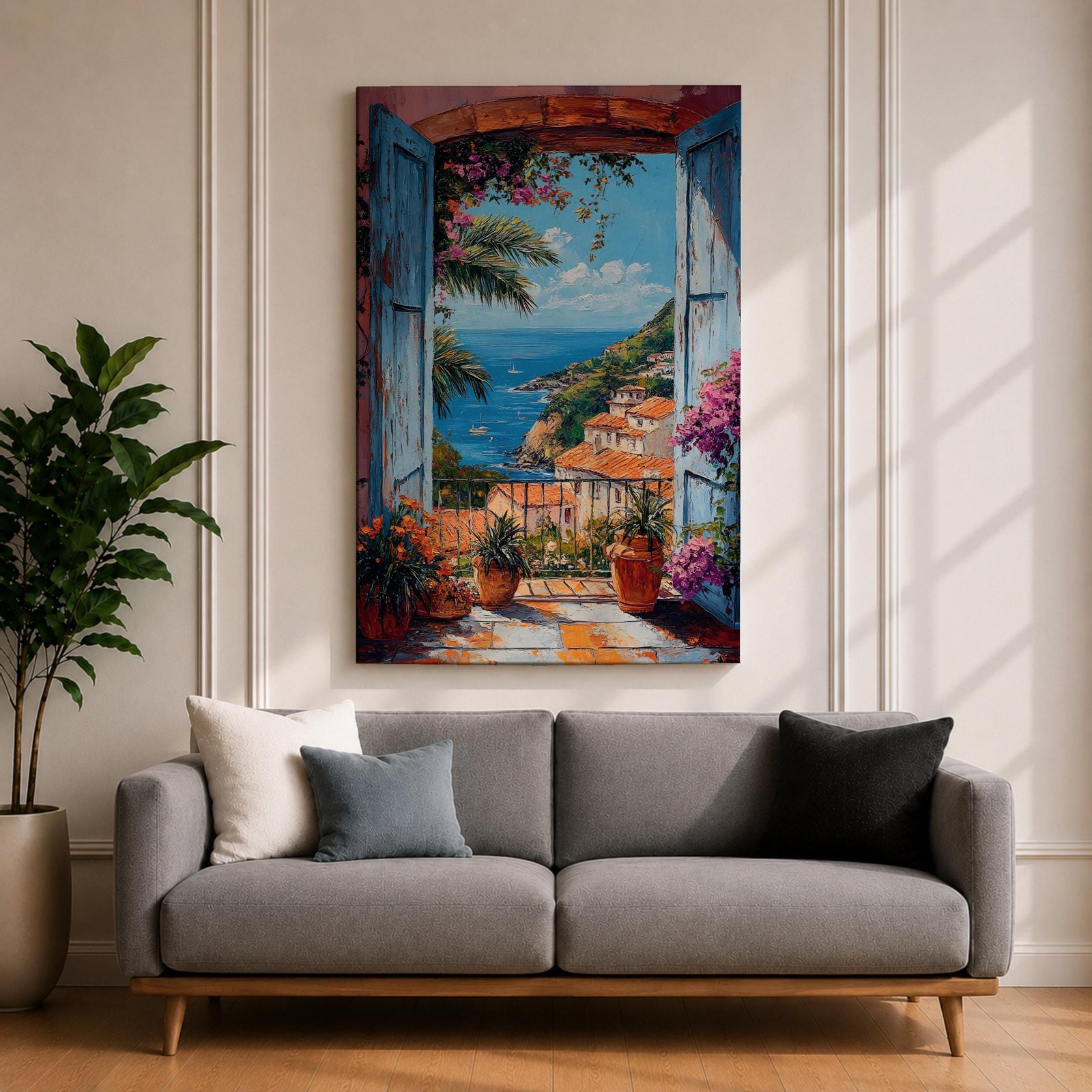 Colorful Mediterranean coastal village seen through open blue shutters overlooking a sparkling sea. Terracotta rooftops, blooming flowers, palm trees, and boats create a vibrant Italian seaside landscape in an impressionist-style framed canvas wall art.