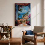 Colorful Mediterranean coastal village seen through open blue shutters overlooking a sparkling sea. Terracotta rooftops, blooming flowers, palm trees, and boats create a vibrant Italian seaside landscape in an impressionist-style framed canvas wall art.