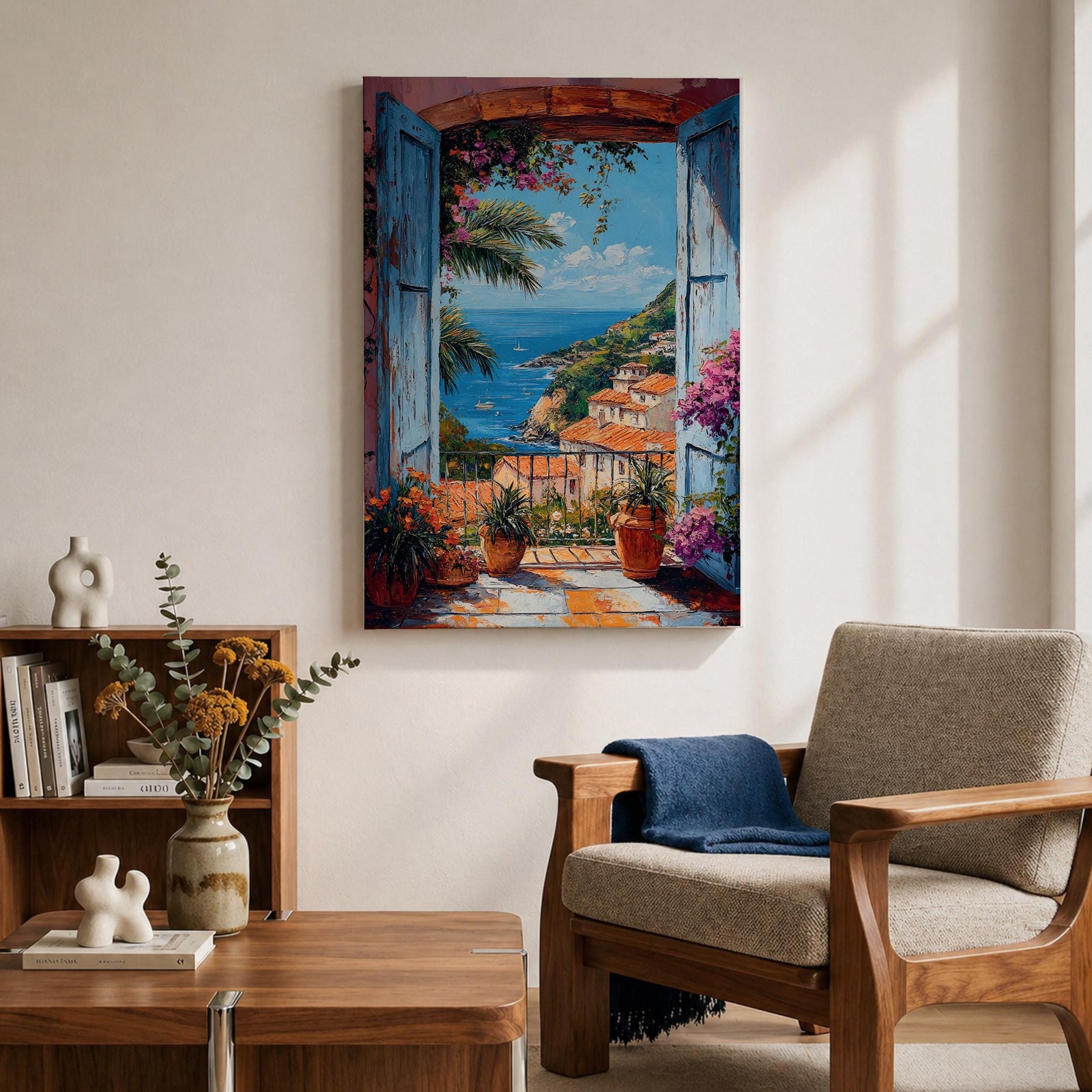 Colorful Mediterranean coastal village seen through open blue shutters overlooking a sparkling sea. Terracotta rooftops, blooming flowers, palm trees, and boats create a vibrant Italian seaside landscape in an impressionist-style framed canvas wall art.