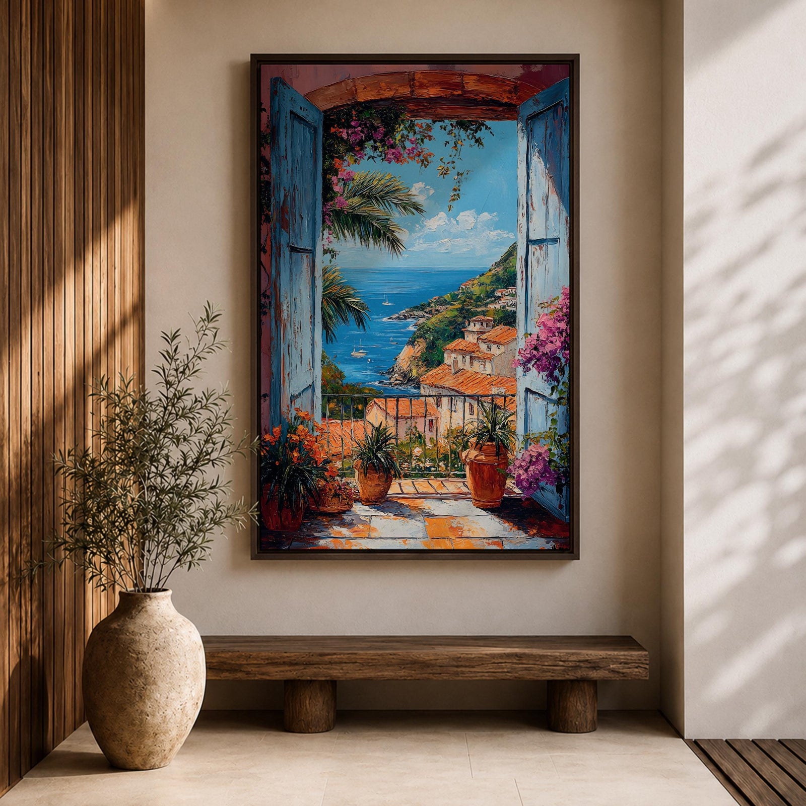 Colorful Mediterranean coastal village seen through open blue shutters overlooking a sparkling sea. Terracotta rooftops, blooming flowers, palm trees, and boats create a vibrant Italian seaside landscape in an impressionist-style framed canvas wall art.
