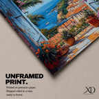 Colorful Mediterranean coastal village seen through open blue shutters overlooking a sparkling sea. Terracotta rooftops, blooming flowers, palm trees, and boats create a vibrant Italian seaside landscape in an impressionist-style framed canvas wall art.
