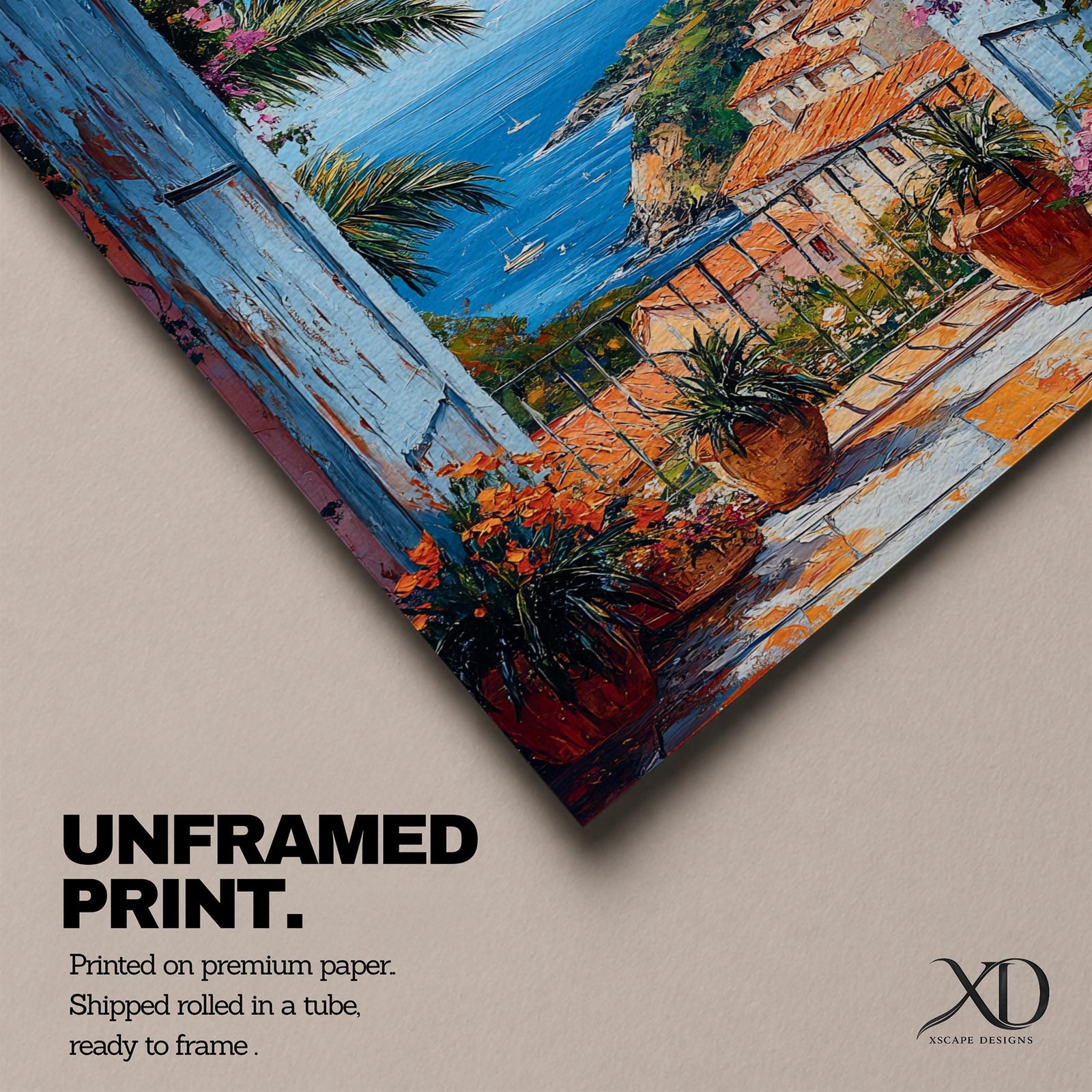 Colorful Mediterranean coastal village seen through open blue shutters overlooking a sparkling sea. Terracotta rooftops, blooming flowers, palm trees, and boats create a vibrant Italian seaside landscape in an impressionist-style framed canvas wall art.