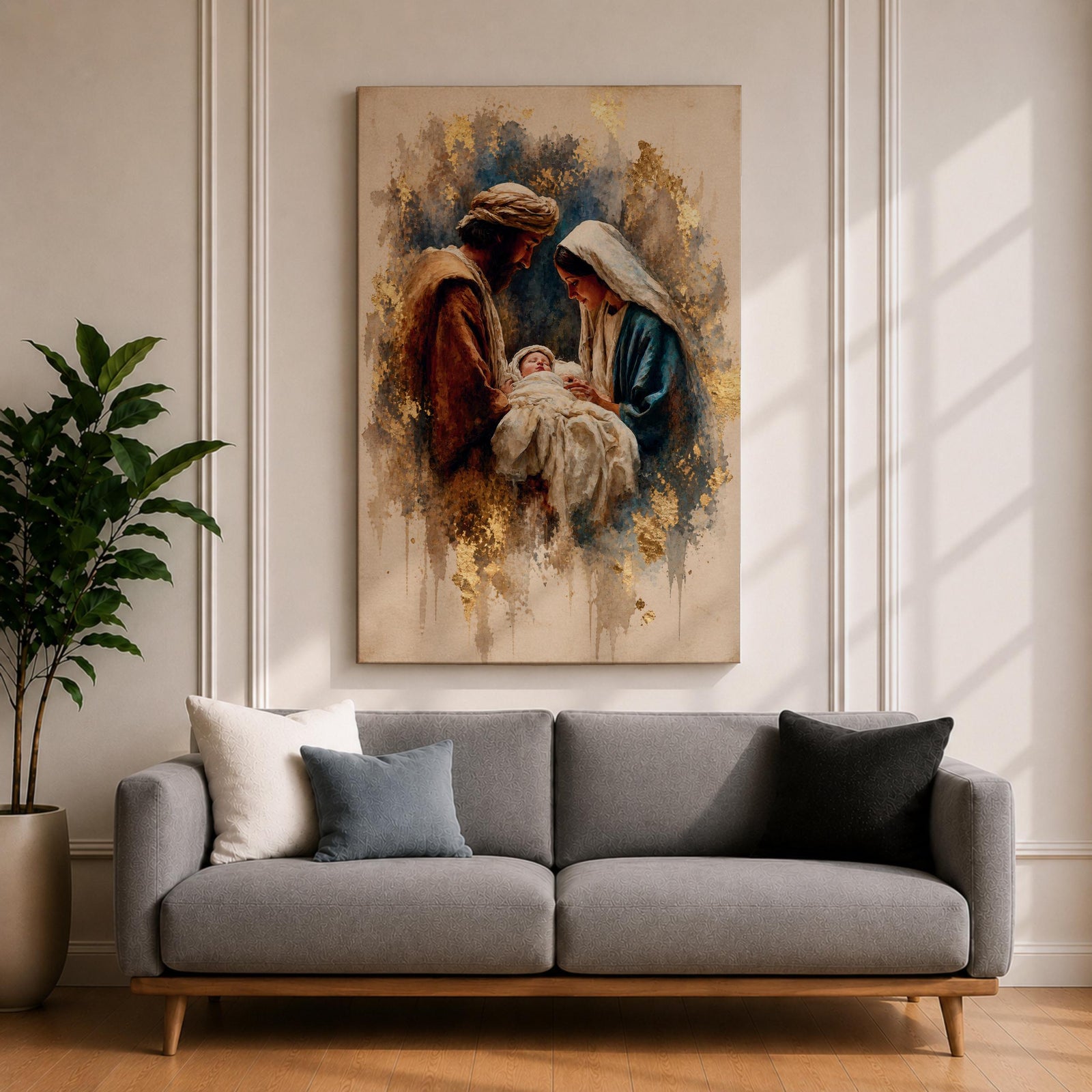 Beautiful Holy Family wall art featuring Joseph, Mary, and the infant Jesus in a tender nativity scene. Soft gold accents, impressionist textures, and warm neutral tones create an inspiring Christian canvas perfect for prayer rooms, churches, and faith-filled home decor.