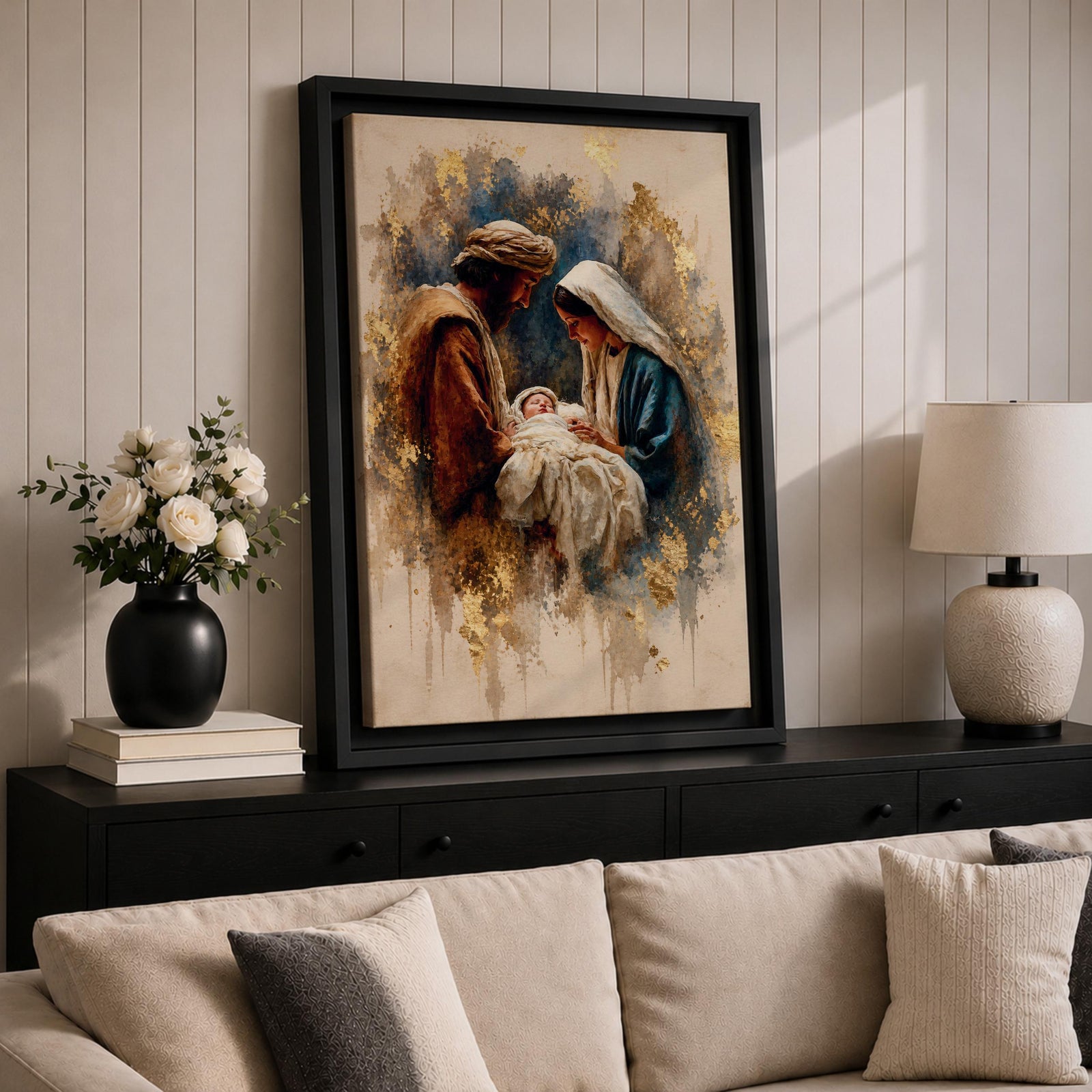 Beautiful Holy Family wall art featuring Joseph, Mary, and the infant Jesus in a tender nativity scene. Soft gold accents, impressionist textures, and warm neutral tones create an inspiring Christian canvas perfect for prayer rooms, churches, and faith-filled home decor.