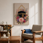 Elegant Kaaba wall art featuring the Holy Kaaba surrounded by blooming pink, blush, purple, and ivory flowers with delicate Islamic arch details. Soft watercolor tones and gold accents create a beautiful Islamic canvas artwork perfect for prayer rooms, bedrooms, and Muslim home decor.