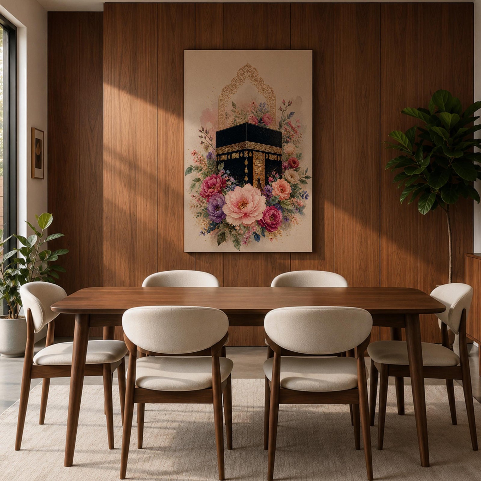 Elegant Kaaba wall art featuring the Holy Kaaba surrounded by blooming pink, blush, purple, and ivory flowers with delicate Islamic arch details. Soft watercolor tones and gold accents create a beautiful Islamic canvas artwork perfect for prayer rooms, bedrooms, and Muslim home decor.