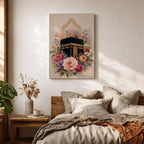 Elegant Kaaba wall art featuring the Holy Kaaba surrounded by blooming pink, blush, purple, and ivory flowers with delicate Islamic arch details. Soft watercolor tones and gold accents create a beautiful Islamic canvas artwork perfect for prayer rooms, bedrooms, and Muslim home decor.