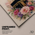 Elegant Kaaba wall art featuring the Holy Kaaba surrounded by blooming pink, blush, purple, and ivory flowers with delicate Islamic arch details. Soft watercolor tones and gold accents create a beautiful Islamic canvas artwork perfect for prayer rooms, bedrooms, and Muslim home decor.