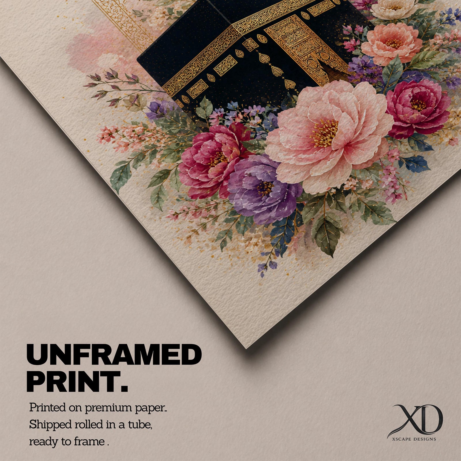 Elegant Kaaba wall art featuring the Holy Kaaba surrounded by blooming pink, blush, purple, and ivory flowers with delicate Islamic arch details. Soft watercolor tones and gold accents create a beautiful Islamic canvas artwork perfect for prayer rooms, bedrooms, and Muslim home decor.