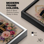Elegant Kaaba wall art featuring the Holy Kaaba surrounded by blooming pink, blush, purple, and ivory flowers with delicate Islamic arch details. Soft watercolor tones and gold accents create a beautiful Islamic canvas artwork perfect for prayer rooms, bedrooms, and Muslim home decor.