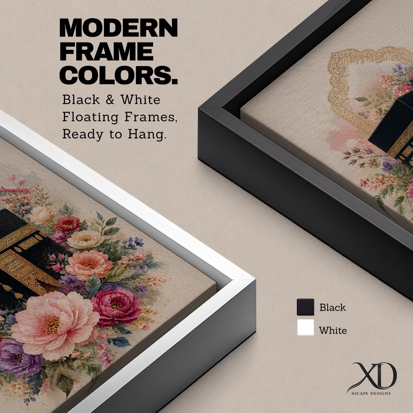 Elegant Kaaba wall art featuring the Holy Kaaba surrounded by blooming pink, blush, purple, and ivory flowers with delicate Islamic arch details. Soft watercolor tones and gold accents create a beautiful Islamic canvas artwork perfect for prayer rooms, bedrooms, and Muslim home decor.
