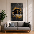Abstract Kaaba wall art featuring the Holy Kaaba at Masjid al Haram rendered in dramatic black, charcoal, and gold tones. Expressive brushwork, metallic-style gold accents, and a contemporary composition create a striking Islamic focal point.