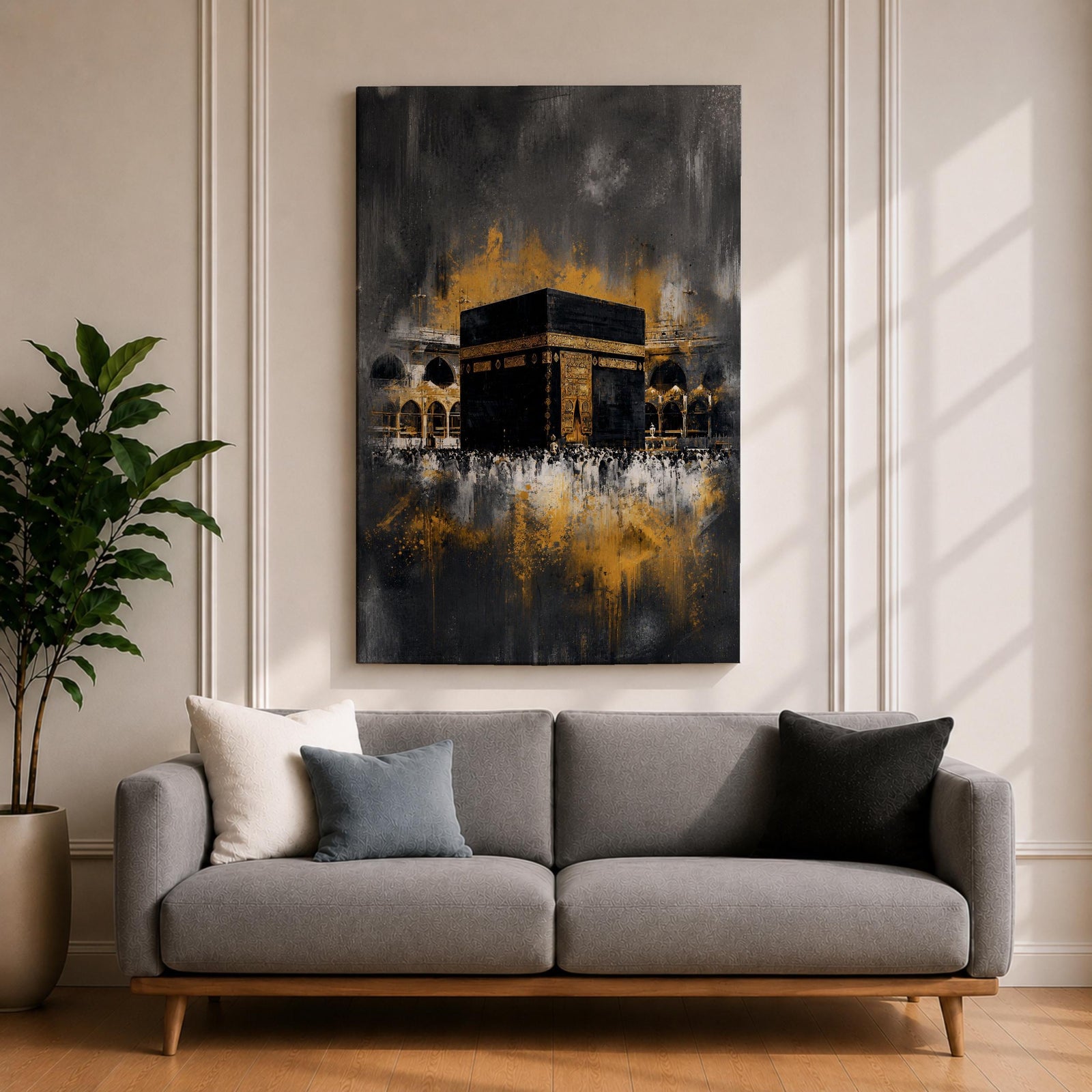 Abstract Kaaba wall art featuring the Holy Kaaba at Masjid al Haram rendered in dramatic black, charcoal, and gold tones. Expressive brushwork, metallic-style gold accents, and a contemporary composition create a striking Islamic focal point.