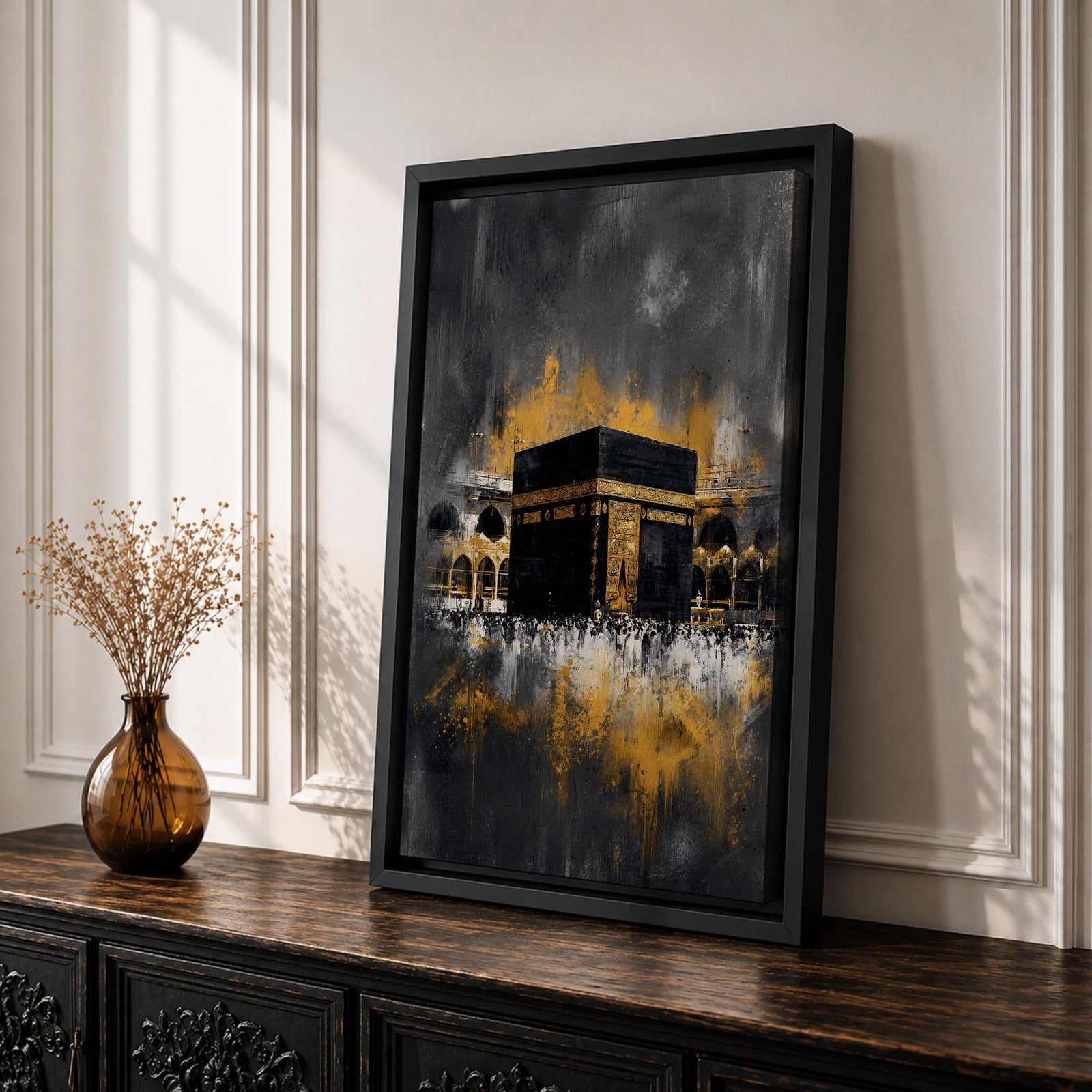 Abstract Kaaba wall art featuring the Holy Kaaba at Masjid al Haram rendered in dramatic black, charcoal, and gold tones. Expressive brushwork, metallic-style gold accents, and a contemporary composition create a striking Islamic focal point.