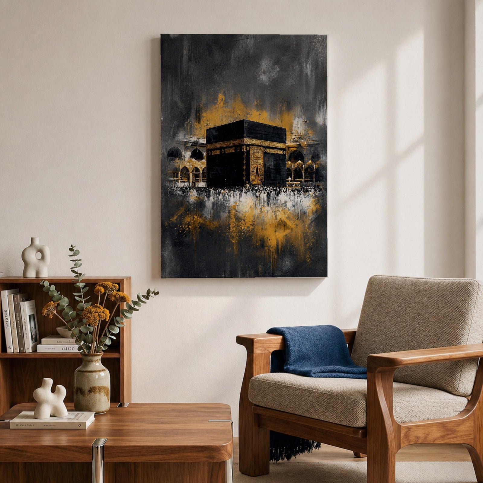 Abstract Kaaba wall art featuring the Holy Kaaba at Masjid al Haram rendered in dramatic black, charcoal, and gold tones. Expressive brushwork, metallic-style gold accents, and a contemporary composition create a striking Islamic focal point.