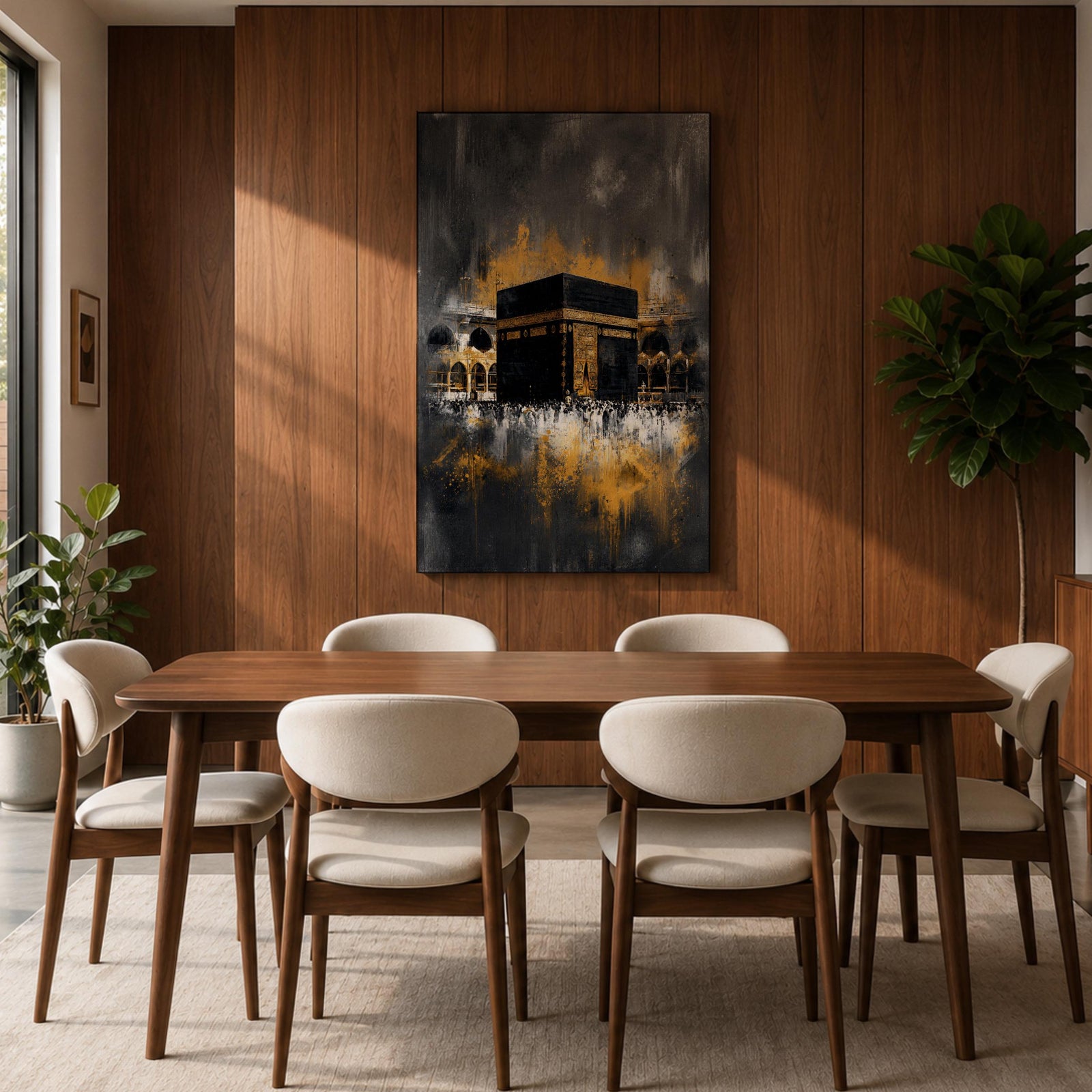 Abstract Kaaba wall art featuring the Holy Kaaba at Masjid al Haram rendered in dramatic black, charcoal, and gold tones. Expressive brushwork, metallic-style gold accents, and a contemporary composition create a striking Islamic focal point.