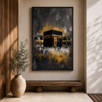Abstract Kaaba wall art featuring the Holy Kaaba at Masjid al Haram rendered in dramatic black, charcoal, and gold tones. Expressive brushwork, metallic-style gold accents, and a contemporary composition create a striking Islamic focal point.