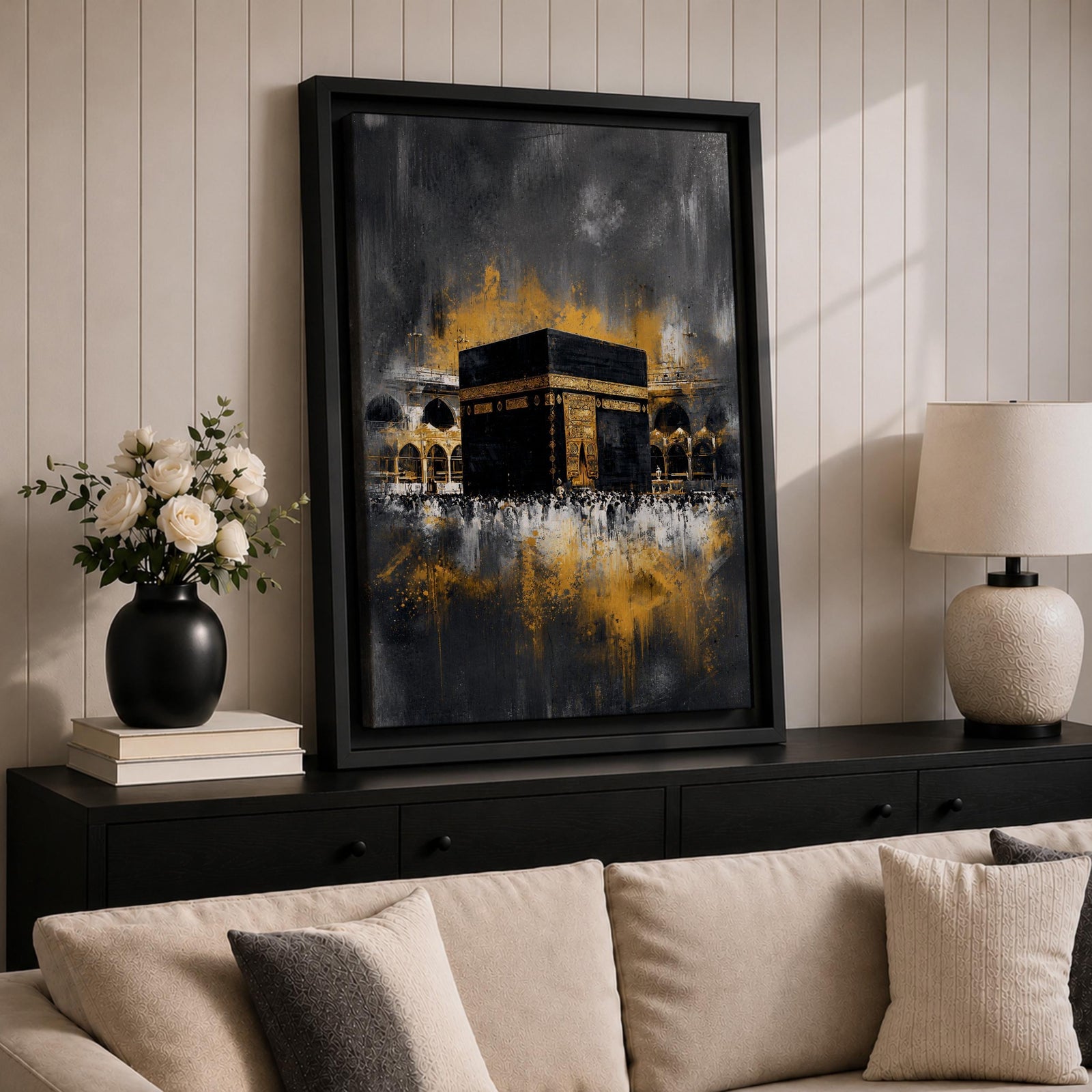 Abstract Kaaba wall art featuring the Holy Kaaba at Masjid al Haram rendered in dramatic black, charcoal, and gold tones. Expressive brushwork, metallic-style gold accents, and a contemporary composition create a striking Islamic focal point.