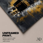 Abstract Kaaba wall art featuring the Holy Kaaba at Masjid al Haram rendered in dramatic black, charcoal, and gold tones. Expressive brushwork, metallic-style gold accents, and a contemporary composition create a striking Islamic focal point.