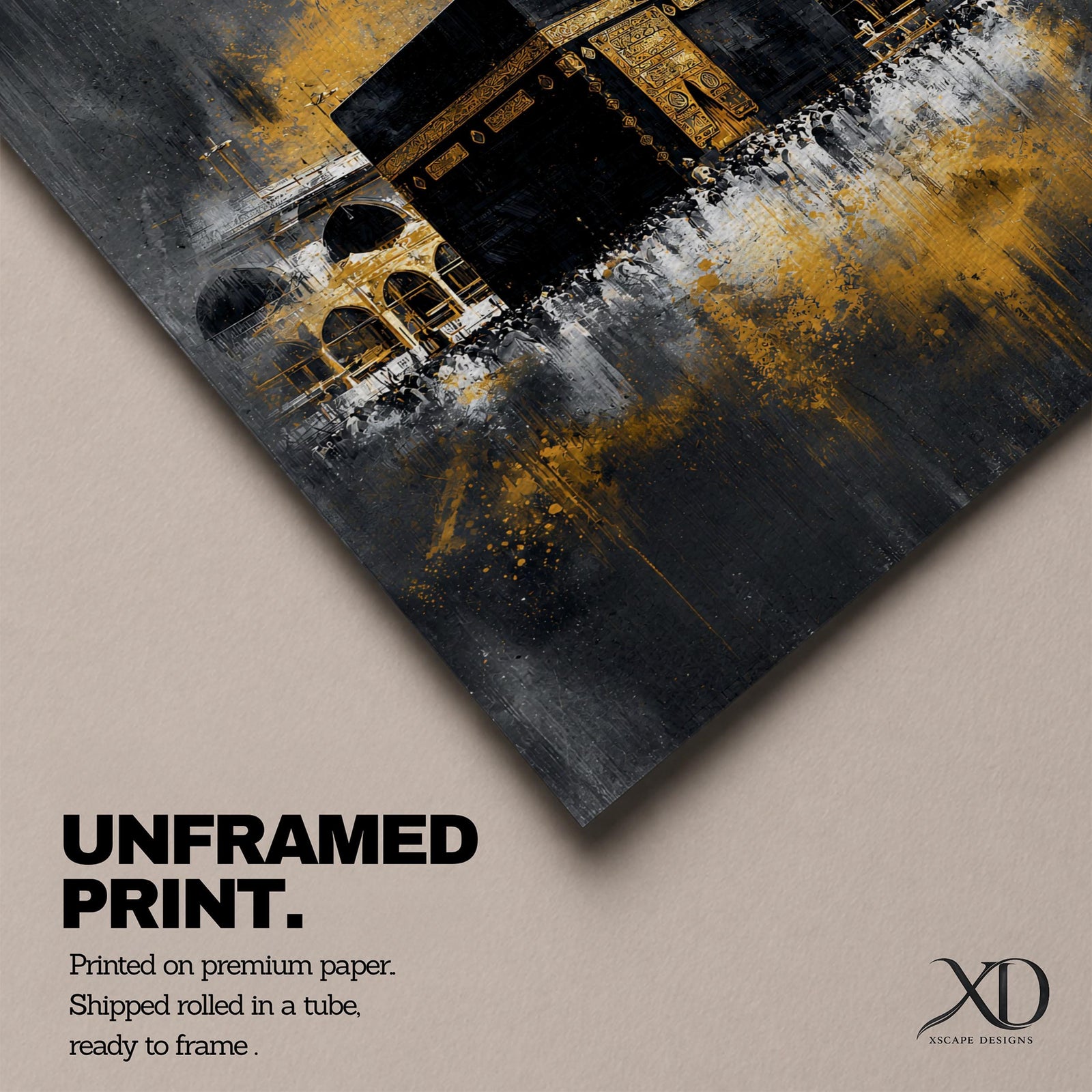 Abstract Kaaba wall art featuring the Holy Kaaba at Masjid al Haram rendered in dramatic black, charcoal, and gold tones. Expressive brushwork, metallic-style gold accents, and a contemporary composition create a striking Islamic focal point.